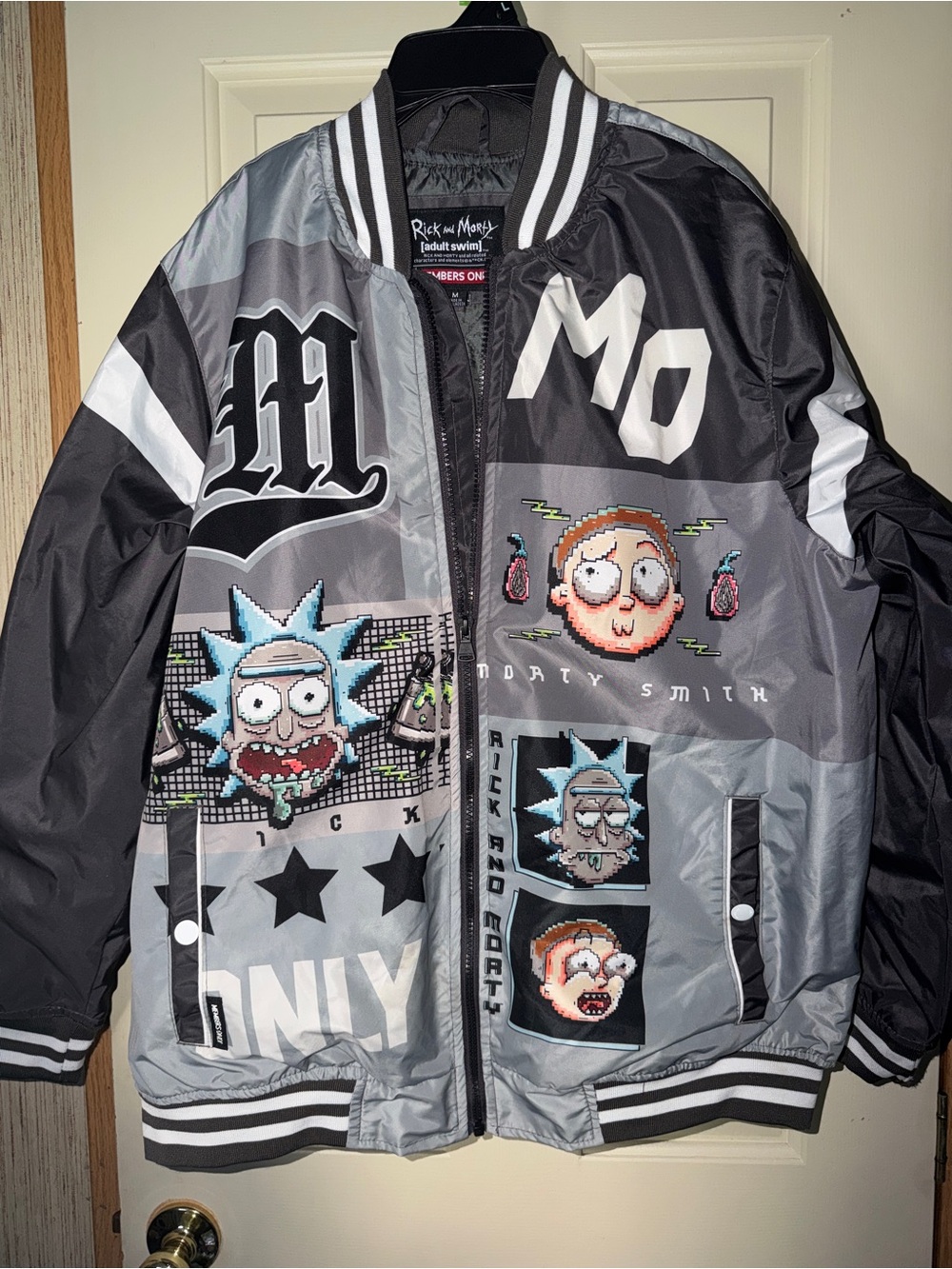 Members Only Rick and Morty Gray and Black Graphic Bomber Jacket